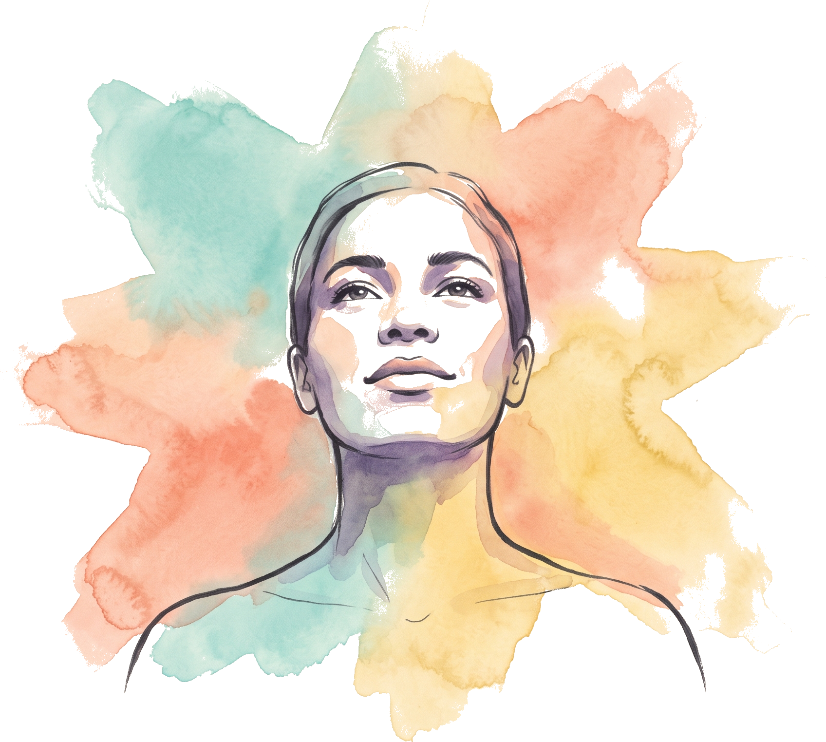 Illustrated woman looking upward, surrounded by a watercolor burst of colour